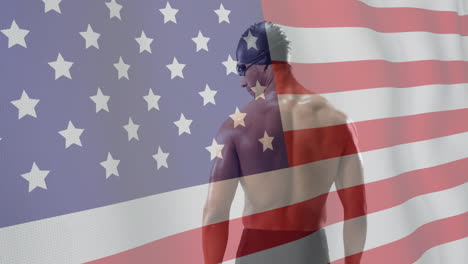 animation of flag of usa over biracial male swimmer