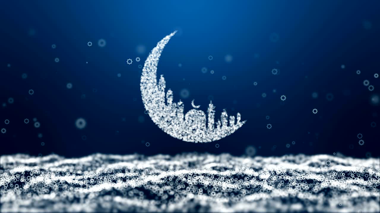 Animation, motion abstract background, Moon Mosque Sighting Announcement Ramadan kareem Mubarak spin with  sky blue Background.