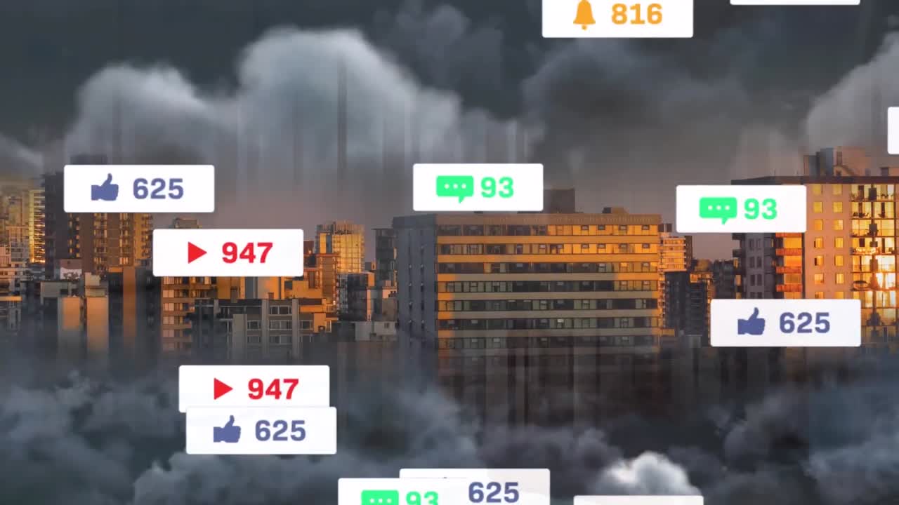 도시 풍경 위의 미디어 아이콘의 애니메이션