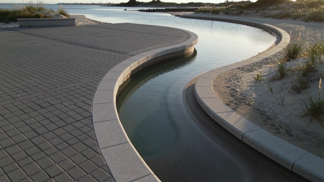 Moving camera pushing forward right along coastal pavers framing curved concrete channel to jetty