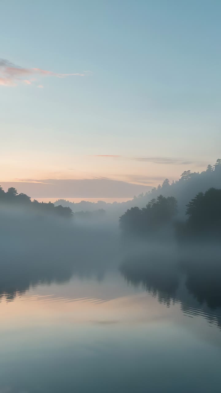 Vertical video: Sunrise growing, mist valley lifting fog revealing hills reflected on river