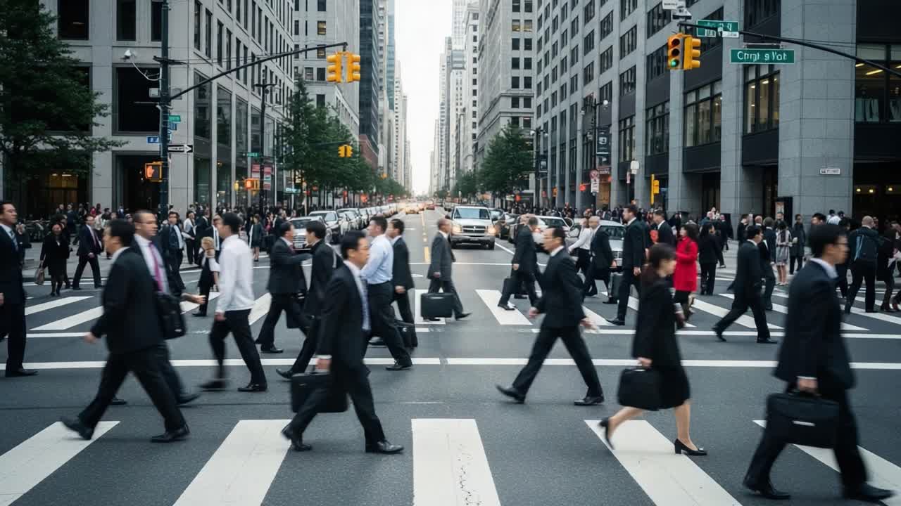 People Walking Across a Busy City Crosswalk