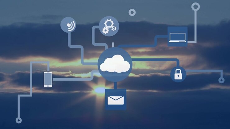 Animation of technology icons over sky at sunset
