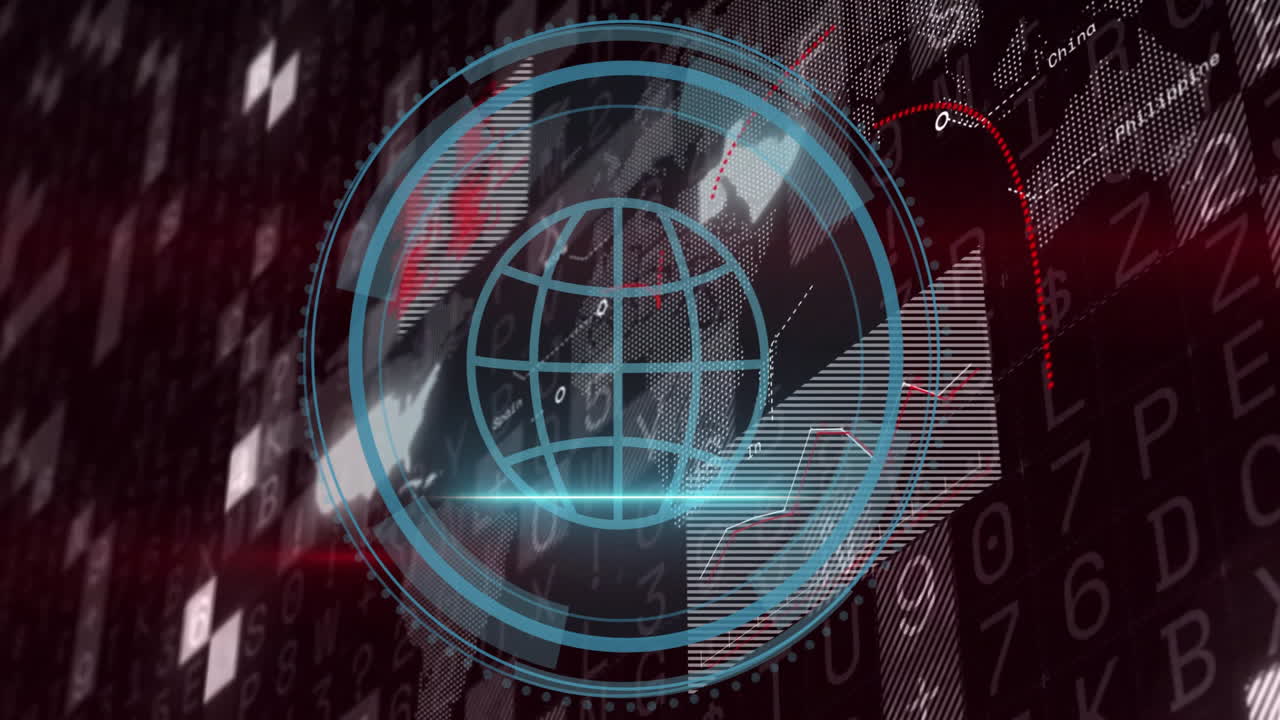 Digital globe and data charts over binary code background animation