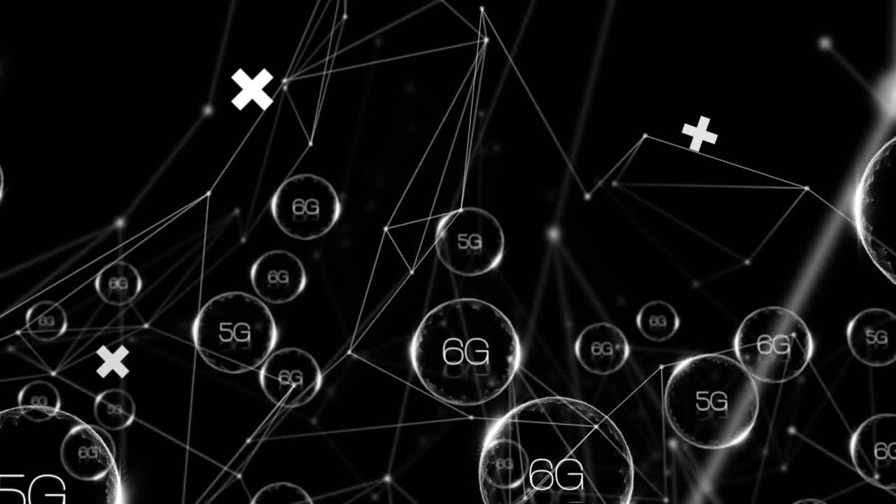 Animation of network of connections with 5g text on black background