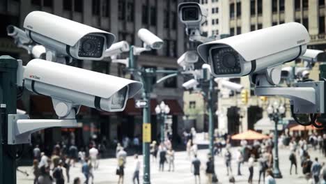 an urban surveillance landscape showcasing an array of security cameras monitoring a bustling public space full of activity and people interaction