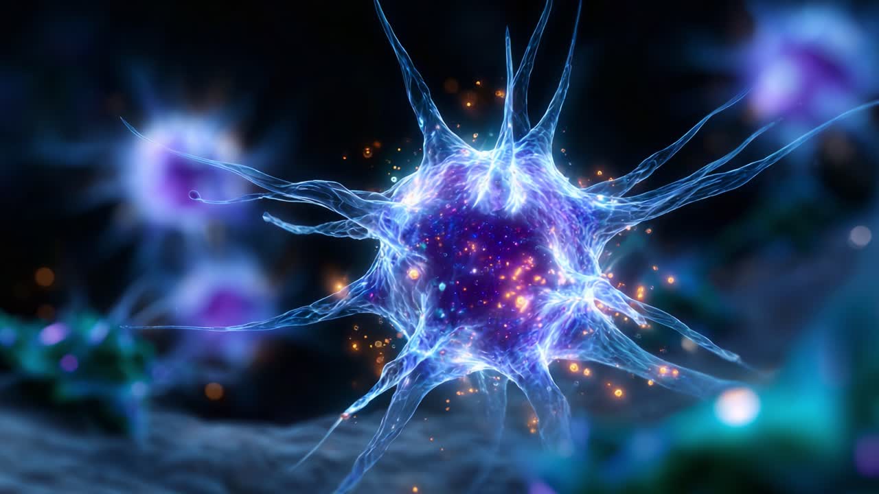 Microscopic View of a Vibrant Cell Undergoing Metabolic Activity with Surrounding Molecular Structures, Highlighting Intricate Biological Processes and Patterns