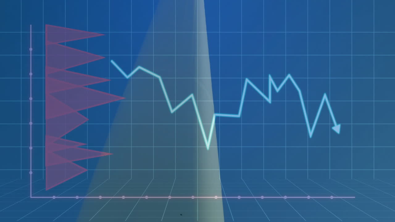 Dashboard presenting technology metrics with glowing line graph and translucent histogram bars