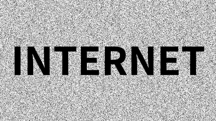 Internet. Word about problem on noisy old screen. Looping VHS interference. Vintage animated background, video footage