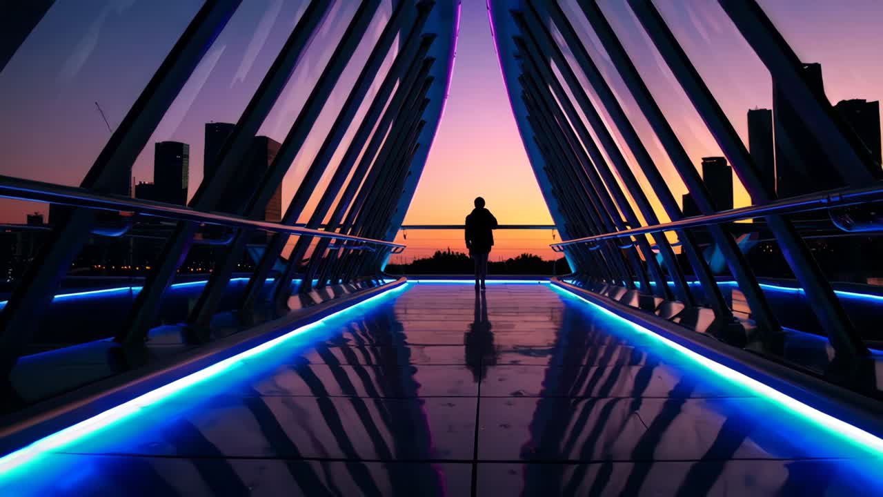 persona en un puente moderno al atardecer