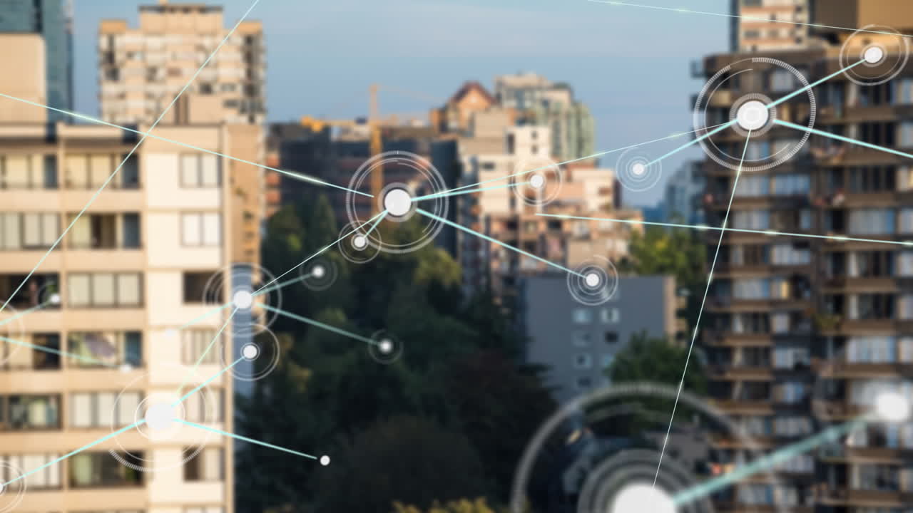animación de la red de conexiones con iconos sobre el paisaje urbano