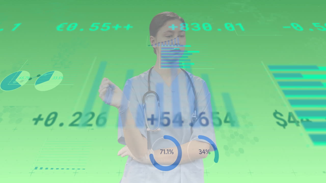 Medical professional raising gloved hand against green screen, interacting with animated charts