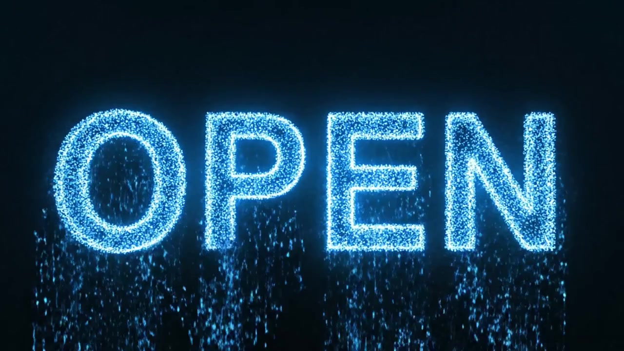 A Glimmering Transition from Intensity to Clarity: The Word 'OPEN' Illuminates Against a Dark Background in a Stunning Visual Sequence