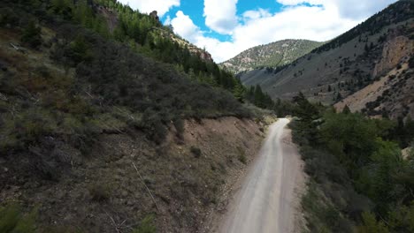 el coche blanco sube por el camino de tierra a las montañas más allá de los pinos