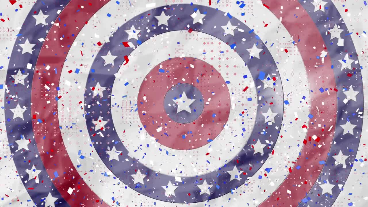 Dot pattern design and confetti falling over multiple stars on spinning circles on white background