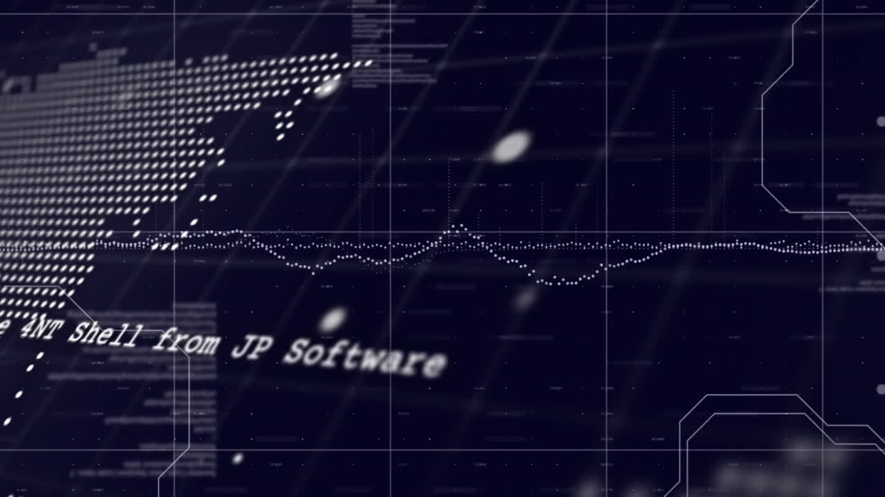 Digital world map and data points animation over JP Software text