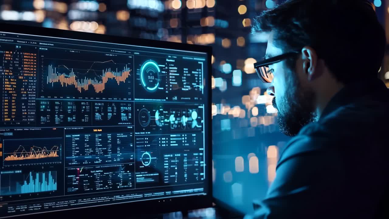 A man sitting in front of a computer monitor at night