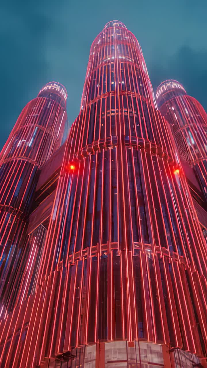 Vertical video: Thin neon strips starting to glow on three cylindrical towers at night, pulsing red