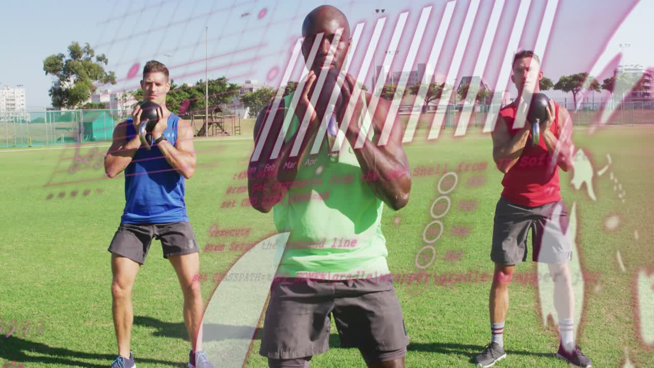 Center fitness coach leading pair, starting kettlebell goblet squats in park, pink overlay sweeping