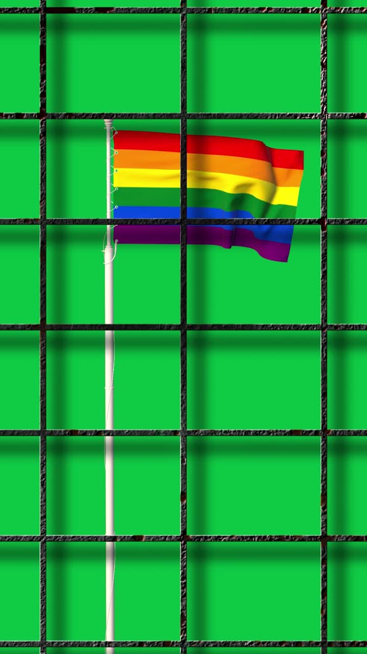 Lgbt-sateenkaarilippu vankilatankojen takana symboloiden sortoa ja oikeuksien puolesta taistelua vihreällä taustalla.