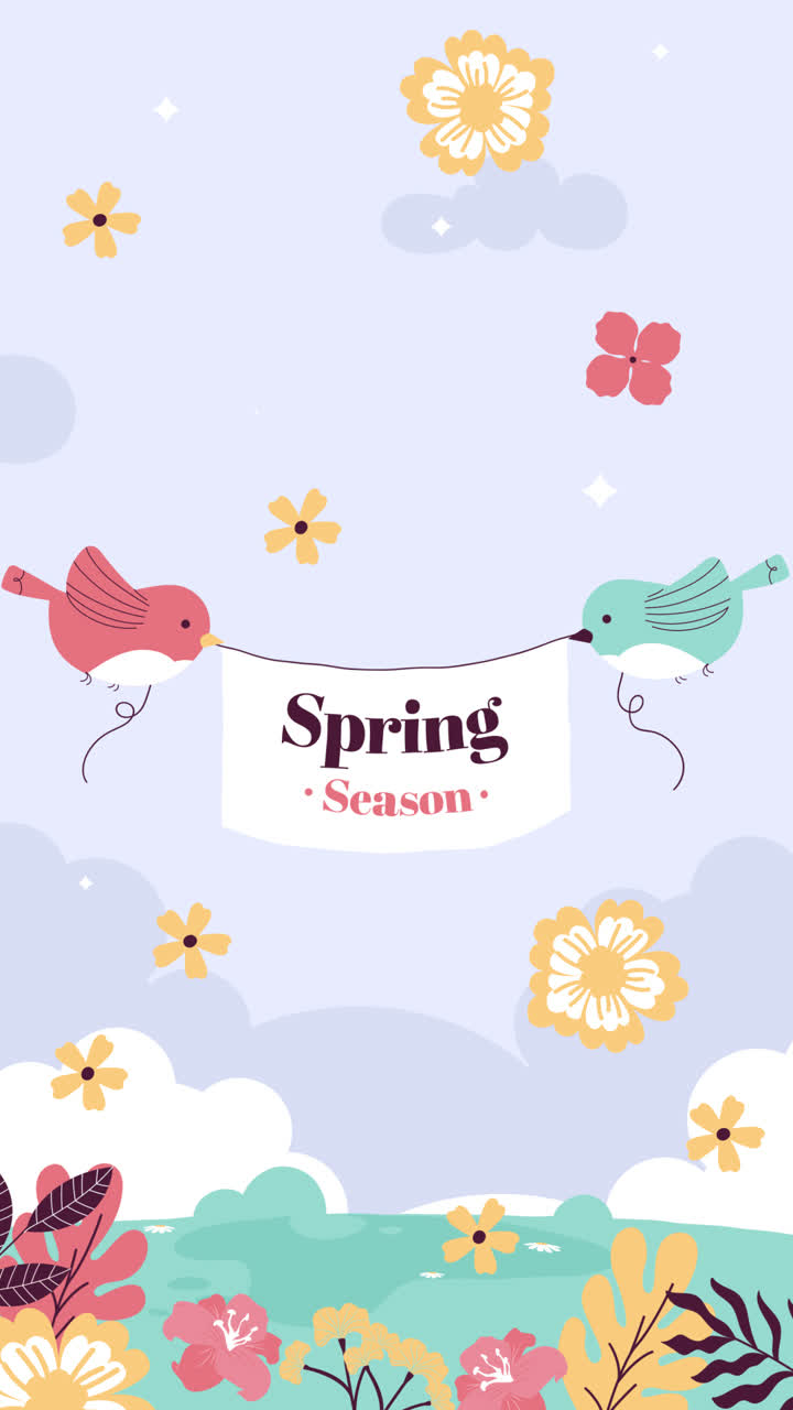 ilustración de la temporada de primavera con pájaros y flores