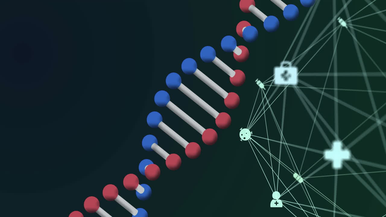 Digital animation af DNA-struktur og roterende globus med medicinske ikoner mod sort baggrund.