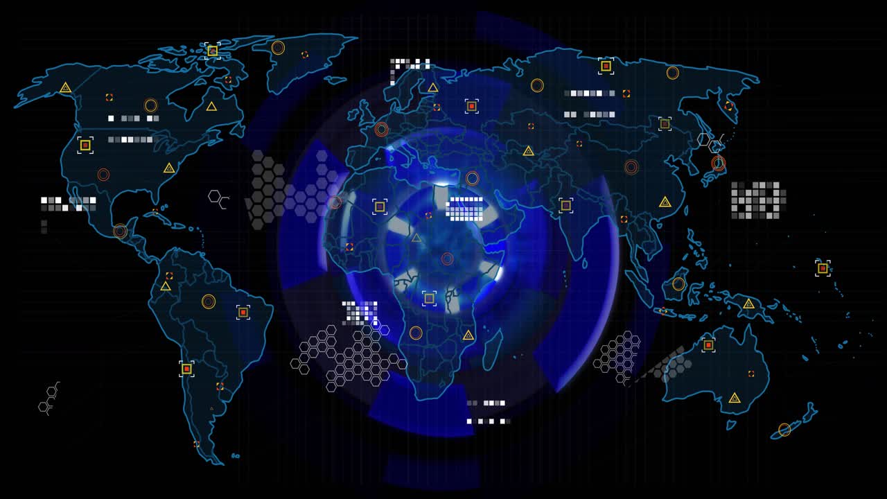 On start UI animating globe emerging data panels appearing arc rotating visualizing global network