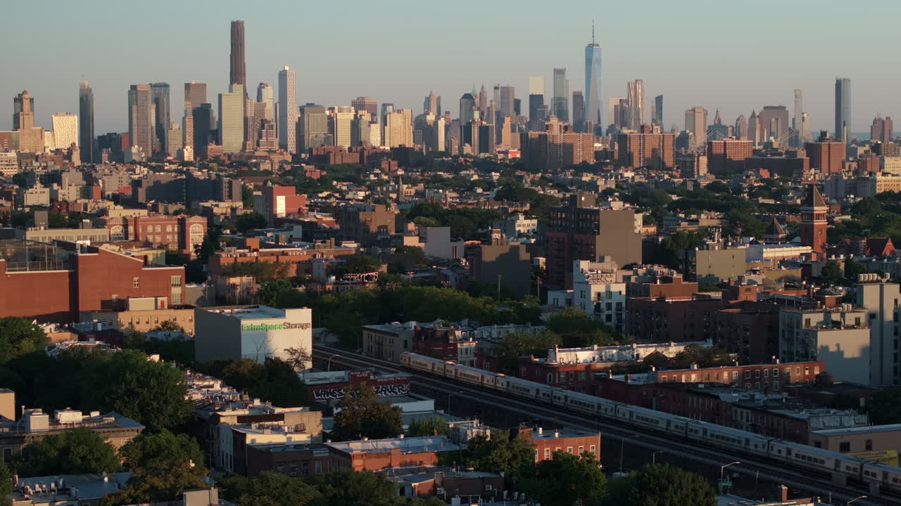 Aerial view of the Long Island Railroad at sunrise. Shot in Brooklyn, New York City