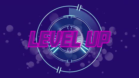 Animation-of-level-up-text-banner-over-neon-round-scanner-and-spots-of-light-against-blue-background