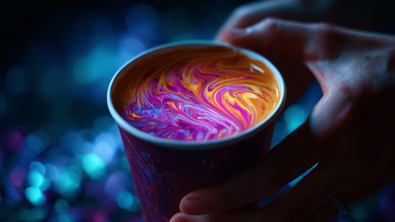 Un turbinio vivace di colori in una tazza: motivi accattivanti di arancione, rosa e viola si fondono armoniosamente su uno sfondo scintillante