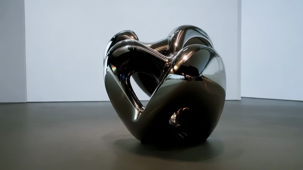 Bevægende kamera afslører metalskulptur på galleri, der viser tomrum og spejler person med telefon