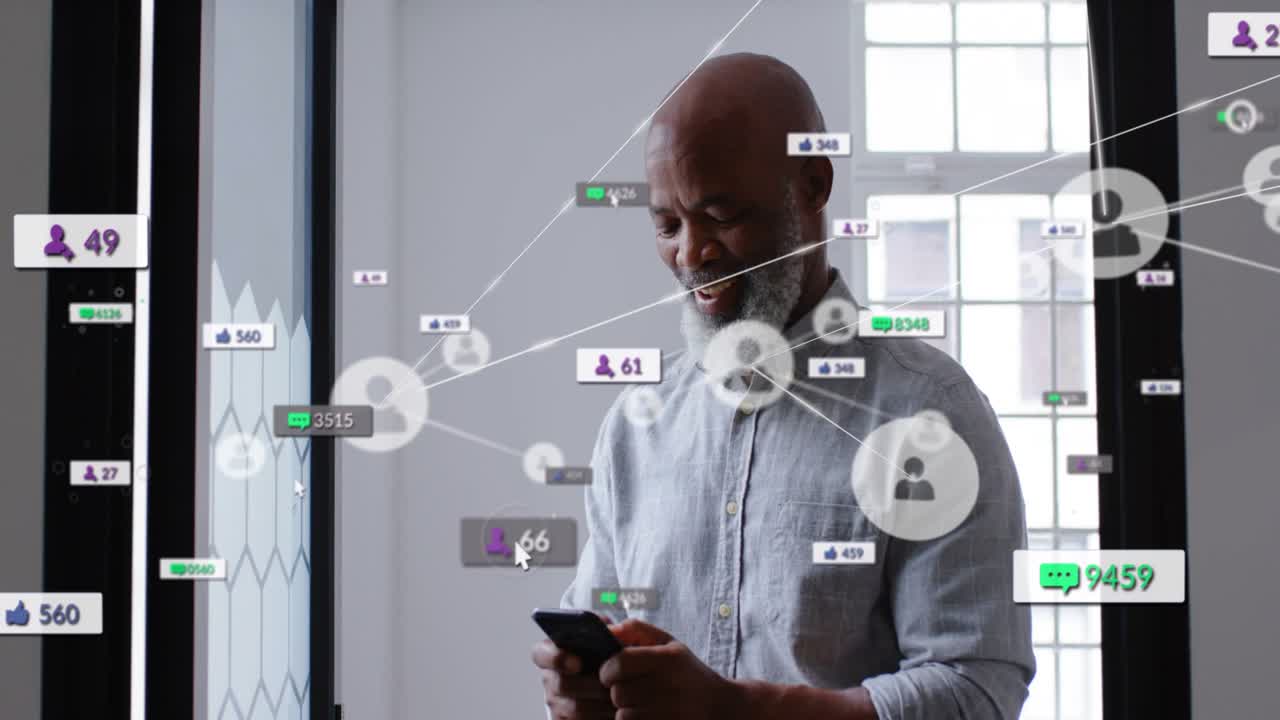 Senior man tapping smartphone near doorway, growing social network while monitoring engagement