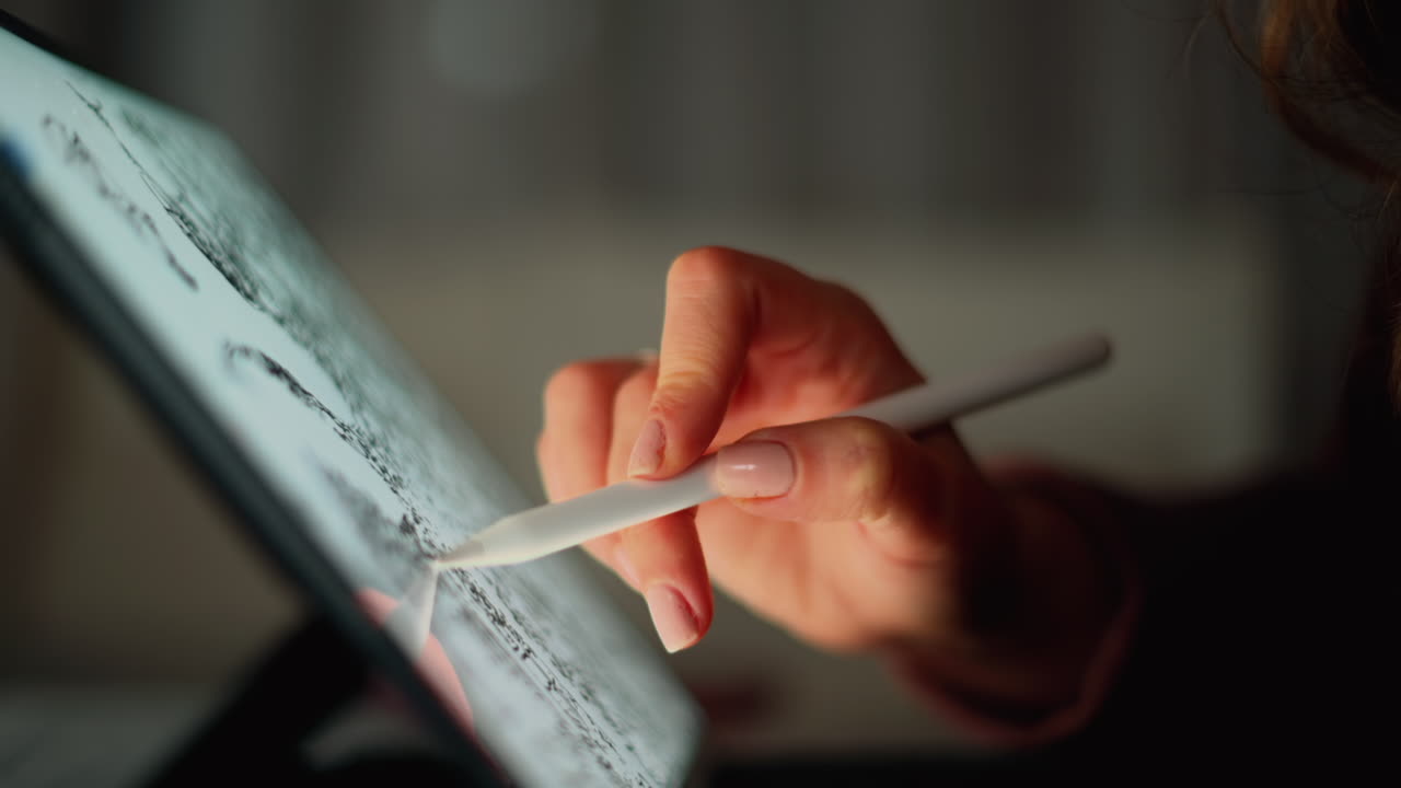 Close up of a woman sketching on a tablet with a stylus pen in the evening