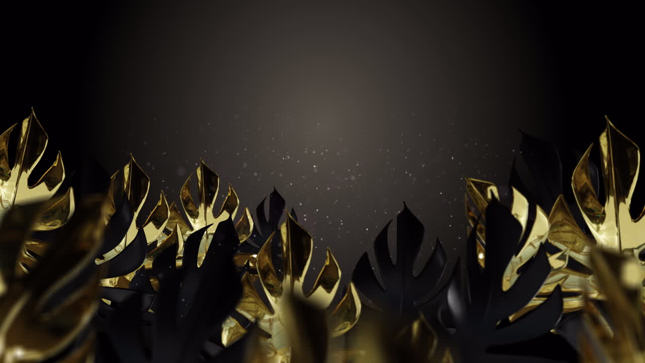 Animation af gyldne tropiske blade med svævende partikler på brun baggrund