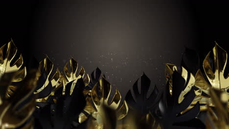 animation of gold tropical leaves with particles flying on brown background