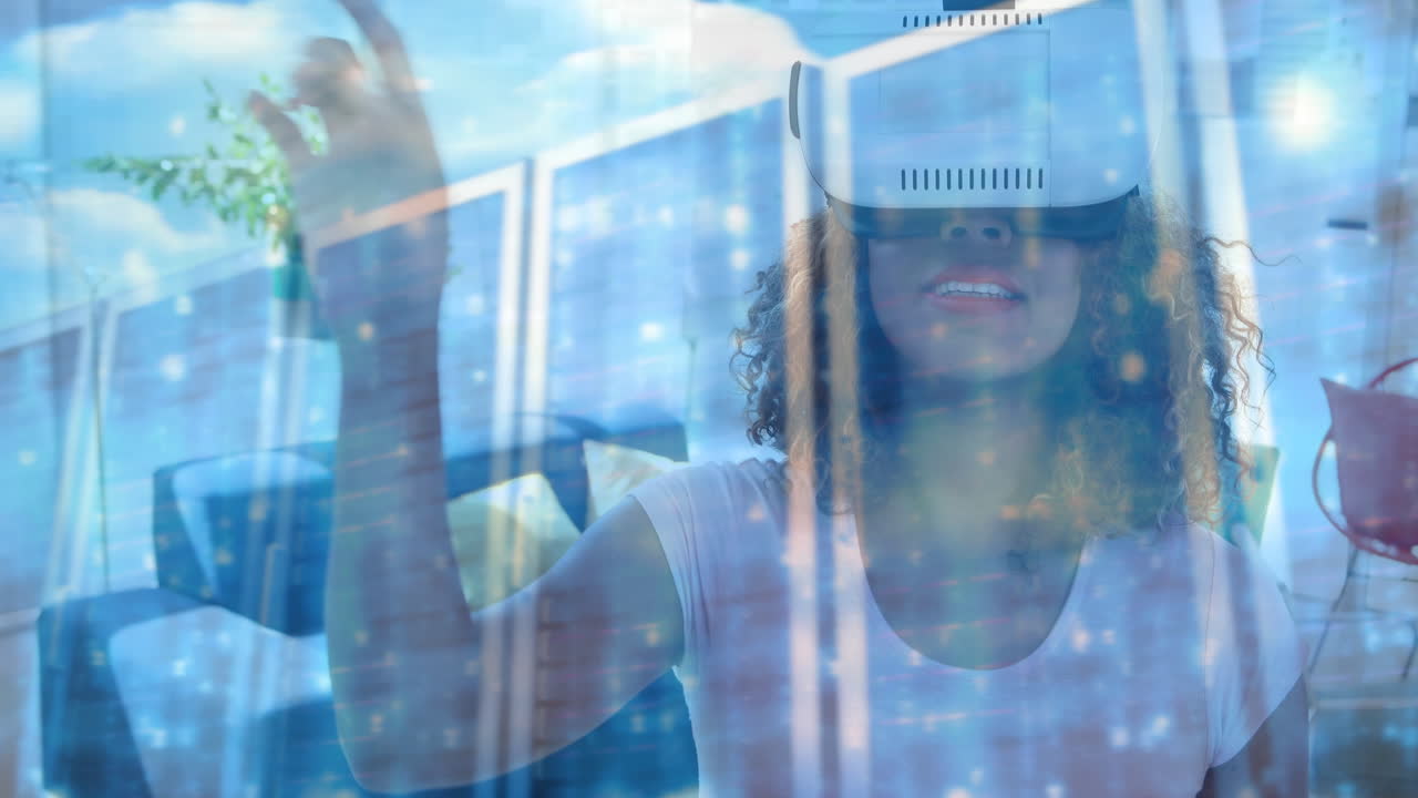 Wearing VR headset and interacting, woman over digital data and futuristic interface