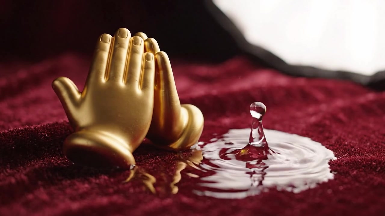 Mani dorate in posizione di preghiera su un lussuoso tessuto rosso che evidenziano serenità e riflessione, enfatizzando pace, calma e connessione spirituale con elementi acquatici.