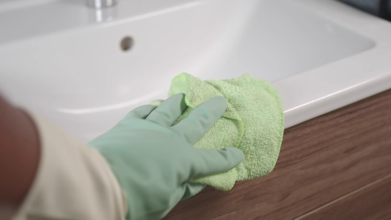Cleaning the sink with gloves