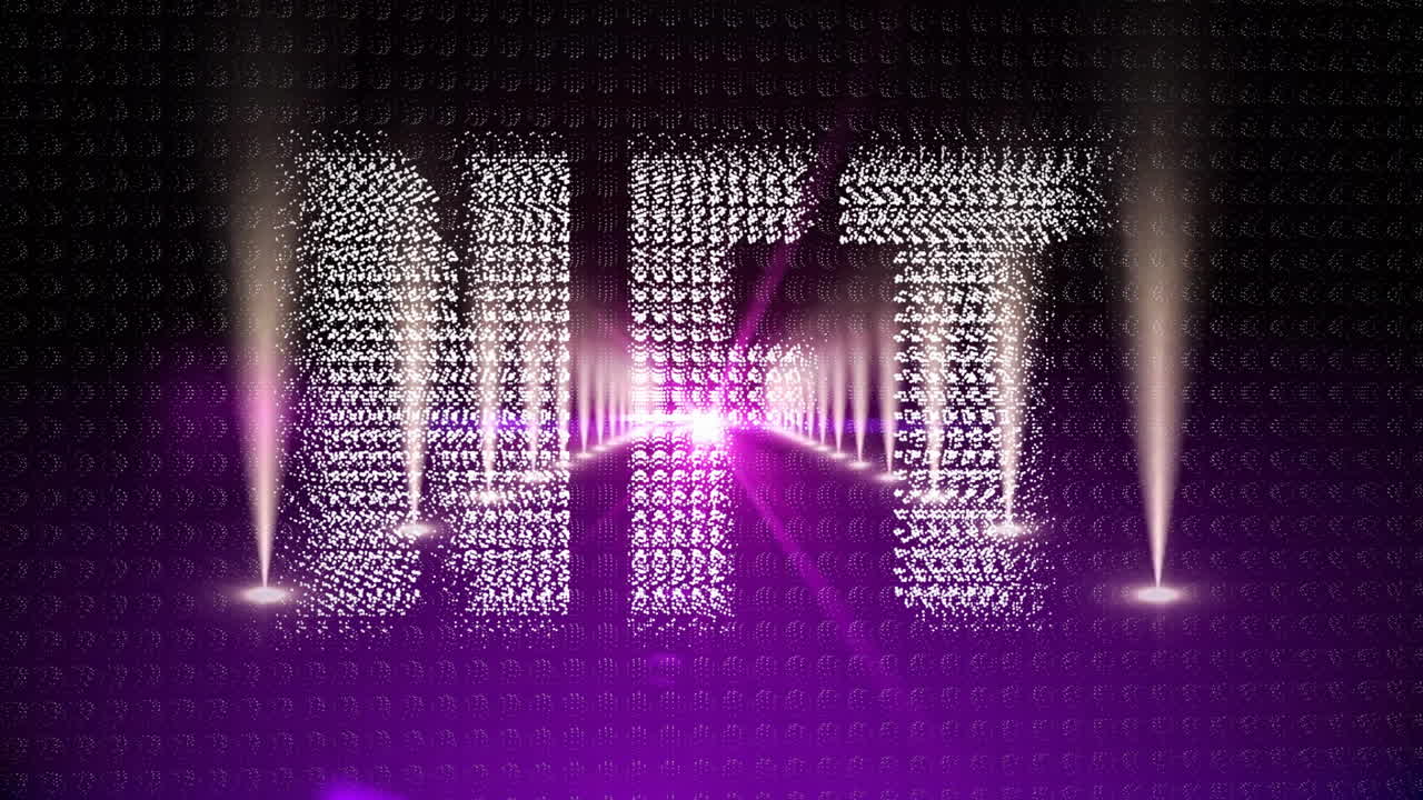 Animation of NFT text with glowing digital symbols on purple background