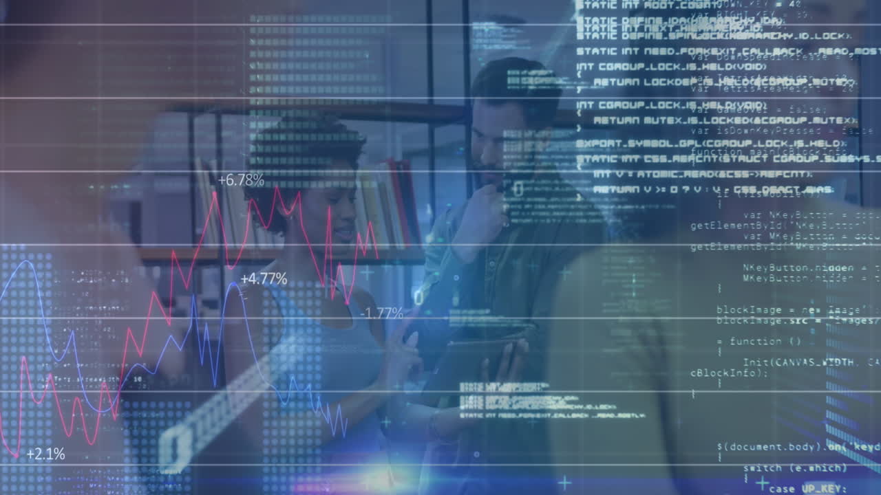 animación del procesamiento de datos financieros sobre diversas personas en la oficina