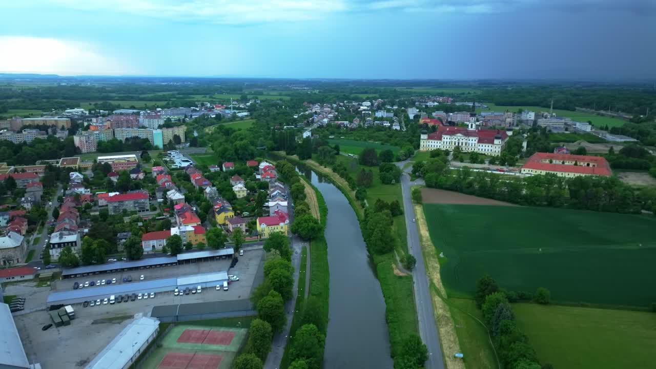 Olomouc above the river. View of the Monastery Hradisko, a military hospital. View from a drone in the evening