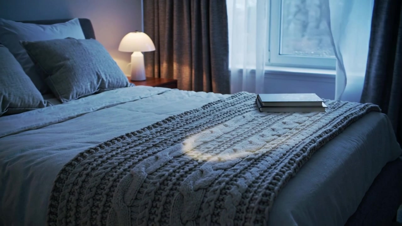 Shifting light moving across bed throw in bedroom, curtain swaying in window gust brushing book