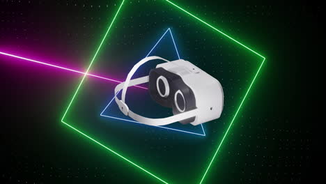 animación de auriculares vr sobre formas de neón brillantes que se mueven sobre un fondo negro