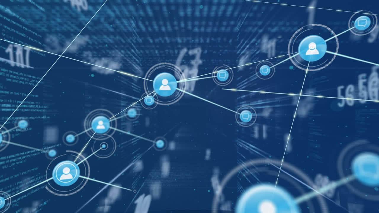 파란색 공간에서 데이터 처리에 대한 아이콘으로 연결 네트워크의 애니메이션