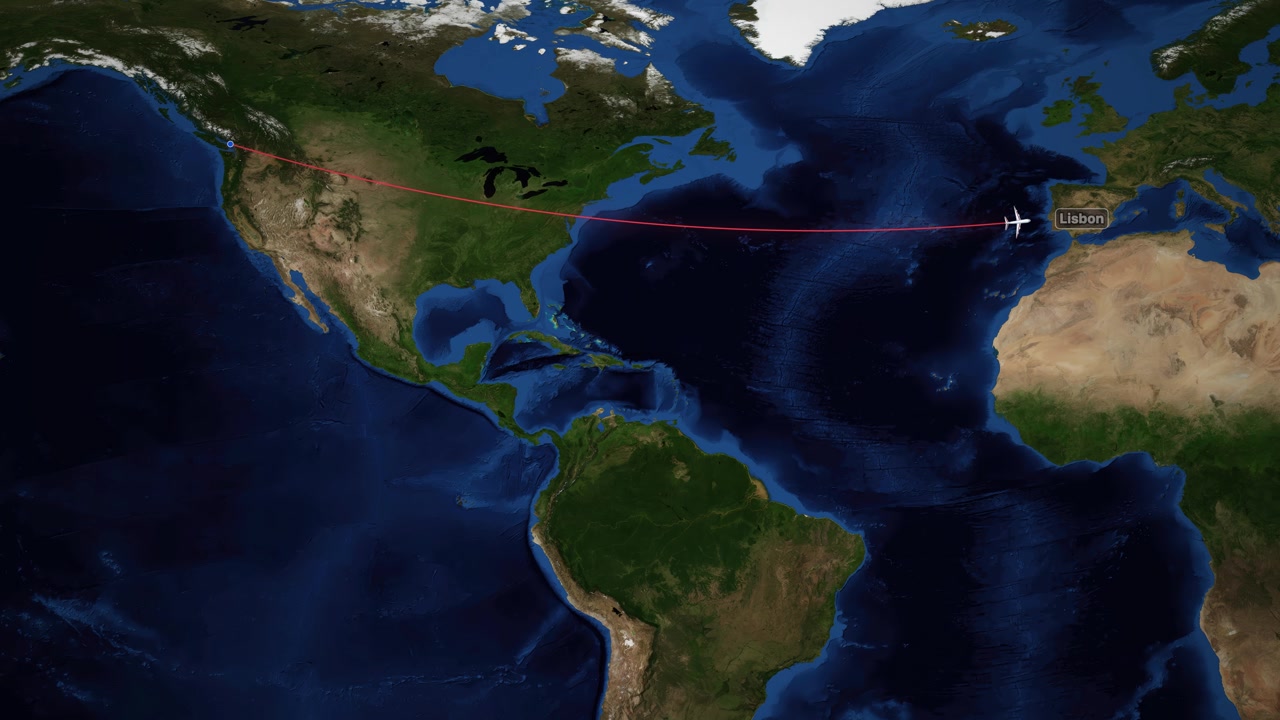 Satellite world map animation follows an airplane icon flying from Vancouver to Lisbon