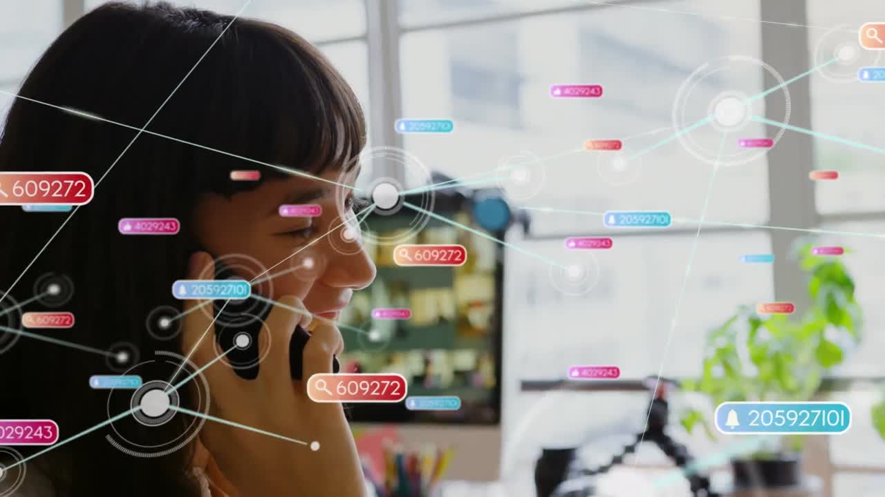 Animation of network of connections with media icons over biracial woman using smartphone
