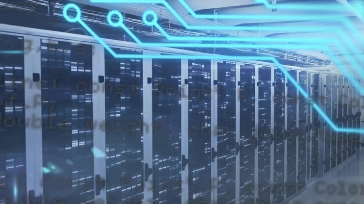 Animation of data processing and motherboard over servers