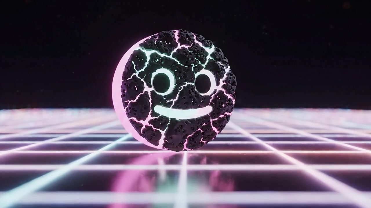 A Captivating Render of a Smiling Cracked Emoji Against a Neon Grid Background, Evoking a Futuristic and Playful Aesthetic in Vibrant Colors.