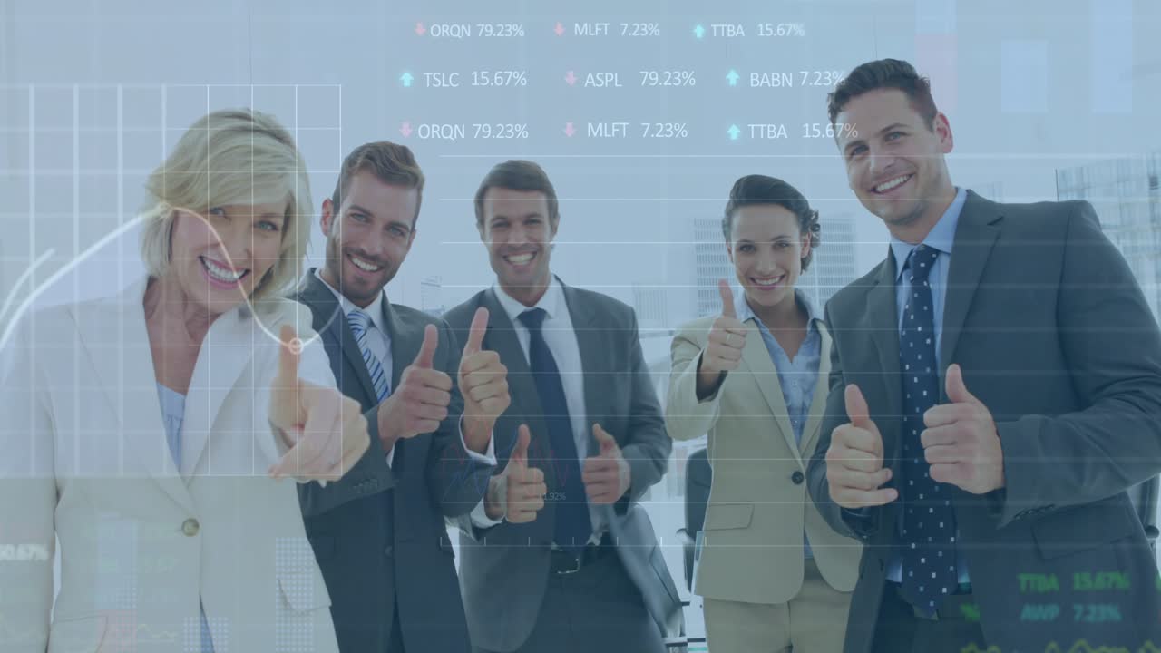 Five-person finance team stacking hands, celebrating deal, giving thumbs-up while charts overlaying