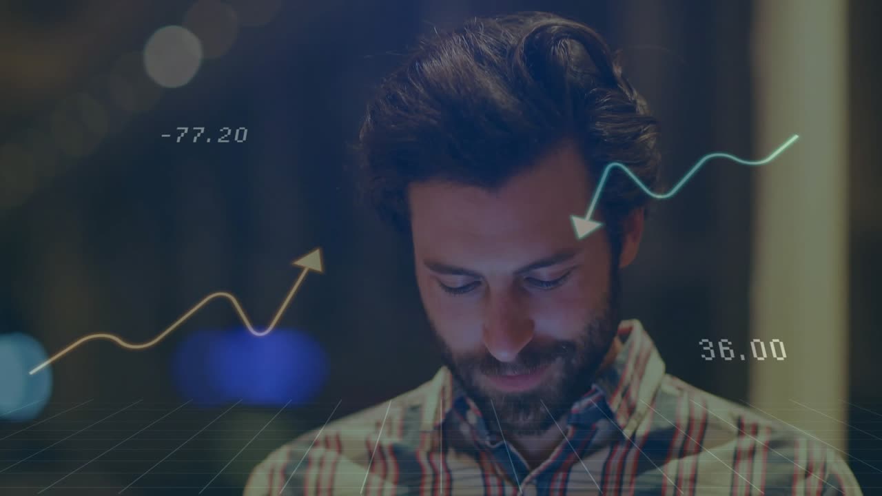 Man holding smartphone and glancing down causing finance graphs shifting numbers for analysis